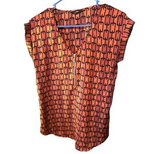 Express Women’s Short Sleeve Orange Blouse with Chain Designs and Front Zipper